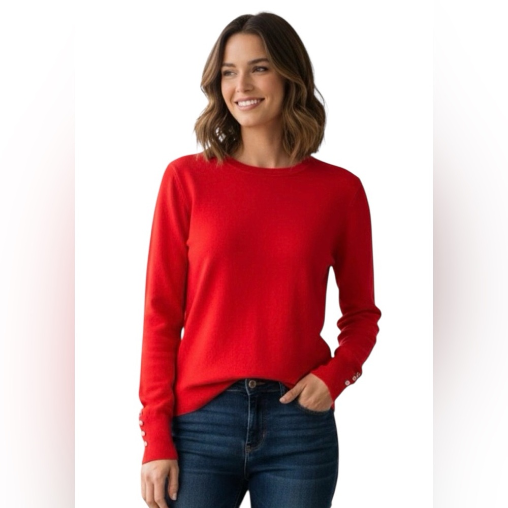 Zara‎ Women's Thin Knit Red Crew Neck Sweater with Gold Button Cuffs Size Small